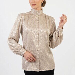 Vintage Susan Van Heusen 80s Jacquard Blouse High Neck Pearl Button
